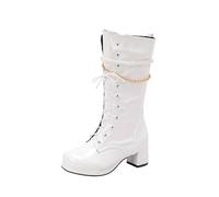 Générique Femme Bottine Mi-Mollet Talon moyen Cuir Verni Rond Bottines pour femmes Elégantes Chaudes Vintage loisirs Bottes Femelles à talon carré classiques cuir véritable Automne Hiver Glossy