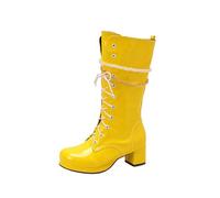 Générique Femme Bottine Mi-Mollet Talon moyen Cuir Verni Rond Bottines pour femmes Elégantes Chaudes Vintage loisirs Bottes Femelles à talon carré classiques cuir véritable Automne Hiver Glossy