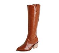 Générique Femme Bottine pointu Mi-Mollet Femmes Botte Chevalier Moderne Vintage Couleur unie Botte Femmes Souple Chaudes Imperméables Cowboy Bottines femme cuir véritable Confortable Automne