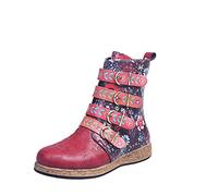 Générique Femme Bottine Style ethnique basses plates Femelles Botte Souple Chaudes Confortable Imperméables Bottes Femme Elégantes classiques rétro Femmes Bottillons Moderne Automne Hiver à boucles