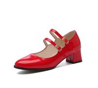 Générique Femme Bride Cheville Chaussures Lolita avec Boucle Bout Pointu Cuir Verni Chaussures De Robe Rétro Talon Épais Mary Janes,Rouge,39 EU