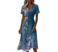Générique Femme Décontracté Imprimé Col en V Manches Courtes Robe Plage Été Balancé Tenue Midi Élégant Taille Haute Modèle Fête À Mer Mode Boho Vêtement Saison Chaude Habillement De Cocktail