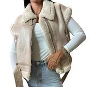 Générique Femme Gilet en Simili Cuir Blouson Moto Biker Fermeture éclair Chaud Hiver Couleur Unie Mode Court Grandes Tailles Décontracté Avec Ceinture Automne Hiver Veste Style Elegant Beige, XL