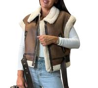 Générique Femme Gilet en Simili Cuir et Fourrure Style Moto Biker Chaud Hiver Fermeture éclair Couleur Unie Mode Veste Court Avec Poches Grandes Tailles Décontracté Automne Hiver Brown, M