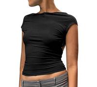 Générique Femme Haut Dos Nu Manche Courte T-Shirt d'été Tops Dos Nu Y2k Crop Top Sexy Backless T-Shirt Ajusté Slim Fit Haut Chic Décontractée Col Rond Couleur Unie Portable Devant et Derrière