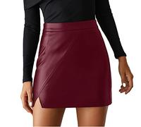Générique Femme Jupes Mini Cuir Synthétique Taille Haute Fente Latérale Jupe Court Moulante Montre La Figure Hanche Sac Jupes A-Line Extensible Solid PU Cuir Pour Party Rouge Uni S Taille 26/28