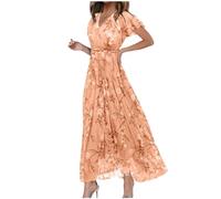 Générique Femme Robe Longue Col V Chic et Elegant Fleur Imprimé Manches Courtes en Chiffon Robe de Plage Femme D'été Casual Plissée Maxi Robes De Soie Fleurie Western Chic Et Elegant