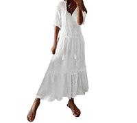 Générique Femme Robe Longue Fluide Ete Blanche Col V-Franges De Plage Mode Sexy DéContractéE Couleur Unie Dress Casual Ample Soiree BohèMe à Franges