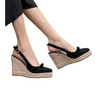 Générique Femme Sandale Talon compensé chaussures de pêcheur français 2022 été nouvelle semelle épaisse espadrilles tissées en paille sandales à bout fermé chaussures de fête à talons hauts(Black,38)