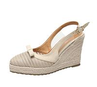 Générique Femme Sandale Talon compensé chaussures de pêcheur français 2022 été nouvelle semelle épaisse espadrilles tissées en paille sandales à bout fermé chaussures de fête à talons hauts(Beige,38)