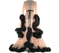 Générique Femme Sexy Kimono Long Dentelle Trasparente Queen Robe Perspective Lingerie de Nuit Sheer Nuisette avec Plumes Ceinture Grande Taille Chambre Kimono Maille Transparente,E,One Size