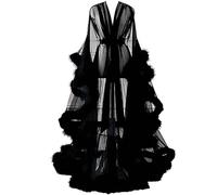 Générique Femme Sexy Kimono Long Dentelle Trasparente Queen Robe Perspective Lingerie de Nuit Sheer Nuisette avec Plumes Ceinture Grande Taille Chambre Kimono Maille Transparente,K,One Size