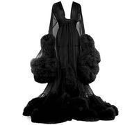 Générique Femme Sexy Kimono Long Dentelle Trasparente Queen Robe Perspective Lingerie de Nuit Sheer Nuisette avec Plumes Ceinture Grande Taille Chambre Kimono Maille Transparente,G,One Size