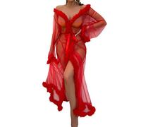 Générique Femme Sexy Plumes Peignoir De Bain Transparent Maille Kimono Robe Col en V Mariée Nuisette Extra Longue Cache-Maillot Perspective Dentelle Lingerie Légère Bikini Cover Up Pyjamas