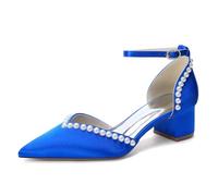 Générique Femme Talon Bloc Moyen Chaussures De Mariage pour Mariée Bride À La Cheville Escarpins De Robe avec Perlé Bout Pointu Satin Chaussures De Soirée, Fête, Bal,Bleu,41 EU