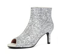 Générique Femme Talons Aiguilles Hauts Chaussures De Mariage pour Mariée Paillettes Escarpins De Soirée Fête De Bal Bouts Ouverts Bottes D'été avec Fermeture Éclair,Argent,36 EU
