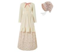 Générique Femme Victorienne Costume de Pioneer Pèlerin Florale Prairie Colonial Robe Paysanne Déguisement de Femme Longues Robes avec Bonnet Et Tablier Gothique Medieval pour Halloween, Noël