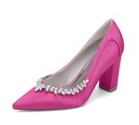 Générique Femmes Bloc Chunky Mi Talon Heel Pointu Bout Slip-on Talon épais - Escarpins de Mariage avec Strass 8.5cm,Rose Red,35 EU
