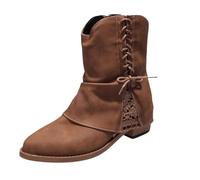 Générique Femmes Botte Mi-Mollet à Lacets Bottes pour femme Vintage classiques à talon carré Femmes Bottines Travail Confortable Imperméables Souple Elégantes Chaudes cuir véritable
