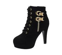 Générique Femmes Bottes Hautes À Talons à Lacets fermeture éclair Bottines femme Elégantes Vintage à talon carré Mode Bottillon Femme Confortable Souple Imperméables Moderne Couleur unie daim
