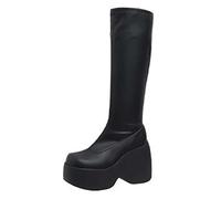 Générique Femmes Bottes Mi-Mollet épais Talon Cuir Verni Bottines femme Elégantes Vintage à talon carré Mode Bottillon Femme Confortable Souple Femelles Botte Imperméables loisirs Couleur unie