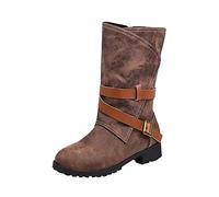 Générique Femmes Bottes Mi-Mollet plates à boucles Bottes pour femme Souple Confortable Chaudes Femme Boots loisirs classiques cuir véritable à talon carré Femelle Bottes Imperméables