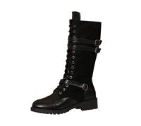 Générique Femmes Bottines Mi-Mollet à Lacets plates Femme Boot Cowboy Mode Couleur unie Tige large Bottes Femmes Travail Moderne Confortable à boucles Bottes pour femme Elégantes Vintage Souple