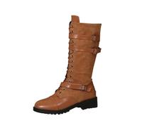 Générique Femmes Bottines Mi-Mollet à Lacets plates Femme Boot Cowboy Mode Couleur unie Tige large Bottes Femmes Travail Moderne Confortable à boucles Bottes pour femme Elégantes Vintage Souple