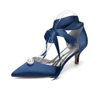 Générique Femmes Bout Fermé Escarpins Talon Carré 8,5 Cm Perles Satin Chaussures de soirée en Satin pour Demoiselles d'honneur,Dark Blue,42 EU
