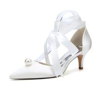 Générique Femmes Bout Fermé Escarpins Talon Carré 8,5 Cm Perles Satin Chaussures de soirée en Satin pour Demoiselles d'honneur,Ivoire,40 EU