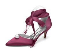 Générique Femmes Bout Fermé Escarpins Talon Carré 8,5 Cm Perles Satin Chaussures de soirée en Satin pour Demoiselles d'honneur,Wine Red,37 EU