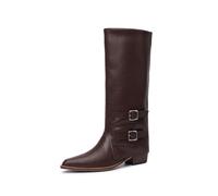 Générique Femmes Bout Pointu Bottes Hautes Au Genou avec Boucle À Enfiler Botte Longues Talon Bloc Épais Bottes À Large Mollet,Brown Velvet Lining,37 EU