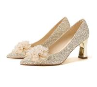 Générique Femmes Bout Pointu en Dentelle Chaussures De Mariée avec Décoration Florale Talon Moyen Épais Chaussures Femme à Enfiler Bride À La Cheville Heels pour Soirée Fête Ou Bal