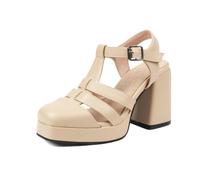 Générique Femmes Carré Bout Plateforme Talon Bloc Sandales T-Sangle Croisé Dessus Slingback Boucle Sangle Épais Talon Haut Robe Sandales Fermé Bout Rétro Élégant,Apricot,39 EU