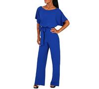 Générique Femmes Combinaison Manches Courtes Col Rond Couleur e Barboteuse Jumpsuit D'été Chic Élégant Slim Pantalon Loose Casual Combishort avec Ceinture