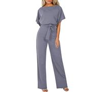 Générique Femmes Combinaison Manches Courtes Col Rond Couleur Unie Barboteuse Jumpsuit D'été Chic Élégant Slim Pantalon Loose Casual Combishort avec Ceinture