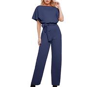 Générique Femmes Combinaison Manches Courtes Col Rond Couleur Unie Barboteuse Jumpsuit D'été Chic Élégant Slim Pantalon Loose Casual Combishort avec Ceinture