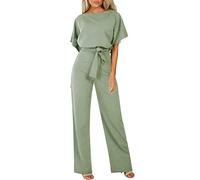 Générique Femmes Combinaison Manches Courtes Col Rond Couleur Unie Barboteuse Jumpsuit D'été Chic Élégant Slim Pantalon Loose Casual Combishort avec Ceinture