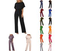Générique Femmes Combinaison Manches Courtes Col Rond Couleur Unie Barboteuse Jumpsuit D'été Chic Élégant Slim Pantalon Loose Casual Combishort avec Ceinture