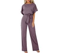 Générique Femmes Combinaison Manches Courtes Col Rond Couleur Unie Barboteuse Jumpsuit D'été Chic Élégant Slim Pantalon Loose Casual Combishort avec Ceinture