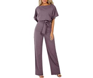 Générique Femmes Combinaison Manches Courtes Col Rond Couleur Unie Barboteuse Jumpsuit D'été Chic Élégant Slim Pantalon Loose Casual Combishort avec Ceinture
