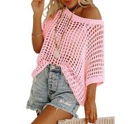 Générique Femmes Creux Crochet Tricot Pull Maille Filet de pêche Crop Shirt Chapeau Transparent Manches tricoté Filet de pêche t - Shirt (Rose,XL)