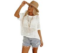 Générique Femmes Creux Crochet Tricot Pull Maille Filet de pêche Crop Shirt Chapeau Transparent Manches tricoté Filet de pêche t - Shirt (Blanc,XL)