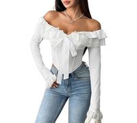 Générique Femmes élégante Blouse Hors épaule - Manches Longues Ruffle Dentelle Garniture encastré Top Corset pour Party Club