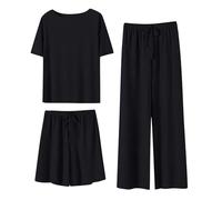 Générique Femmes Ensemble Pyjama Été Doux et Confortable Ice Silk t Shirt à Manches Courtes et Pantalons Larges Jambes Lot de Deux Ete Vêtements De Nuit 2 Pieces Tenue de Détente