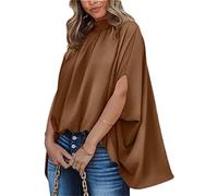 Générique Femmes été Plus Size Chemise col Montant plissé Bat Sleeves Pendentif Tunique Robe châle Chemisier Top (Brown,M,M)
