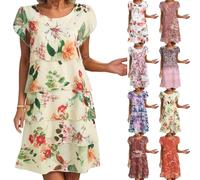 Générique Femmes Été Robe en Mousseline Col Rond Élégante Robes De Soirée Fleurs Impression À Manches Courtes Volants Léger Et Respirant Mini Dress Décontracté Cocktail