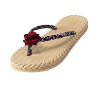 Générique Femmes Floral String Pantoufles Plat Floral Strap String Pantoufles Plage Plat Compensées Rouges Pour Femmes Bout Fermé (40)