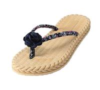 Générique Femmes Floral String Pantoufles Plat Floral Strap String Pantoufles Plage Plat Compensées Rouges Pour Femmes Bout Fermé (Navy, 37)