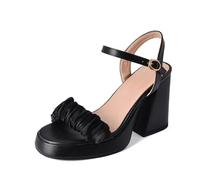 Générique Femmes Froncé Mesh Sangle Plateforme Talon Bloc Sandales Carré Ouvert Bout Réglable Cheville Boucle Épais Talon Haut Robe Chaussures,Noir,40 EU